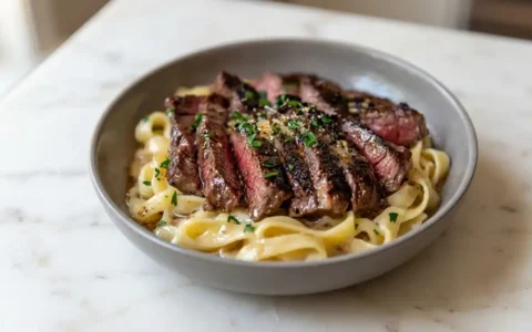 Photorealistic food photography of freshly cooked Steak Lightning Noodles, naturally plated on white marble, ready to serve.