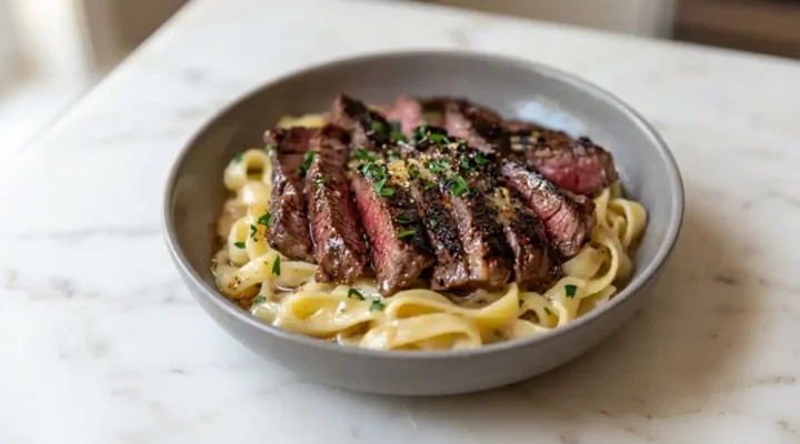 Photorealistic food photography of freshly cooked Steak Lightning Noodles, naturally plated on white marble, ready to serve.