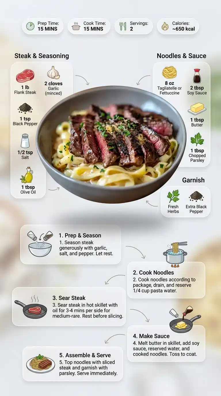 Steak Lightning Noodles Steak Lightning Noodles recipe infographic, 9x16 vertical, showing finished dish, ingredients, and step-by-step preparation with icons.