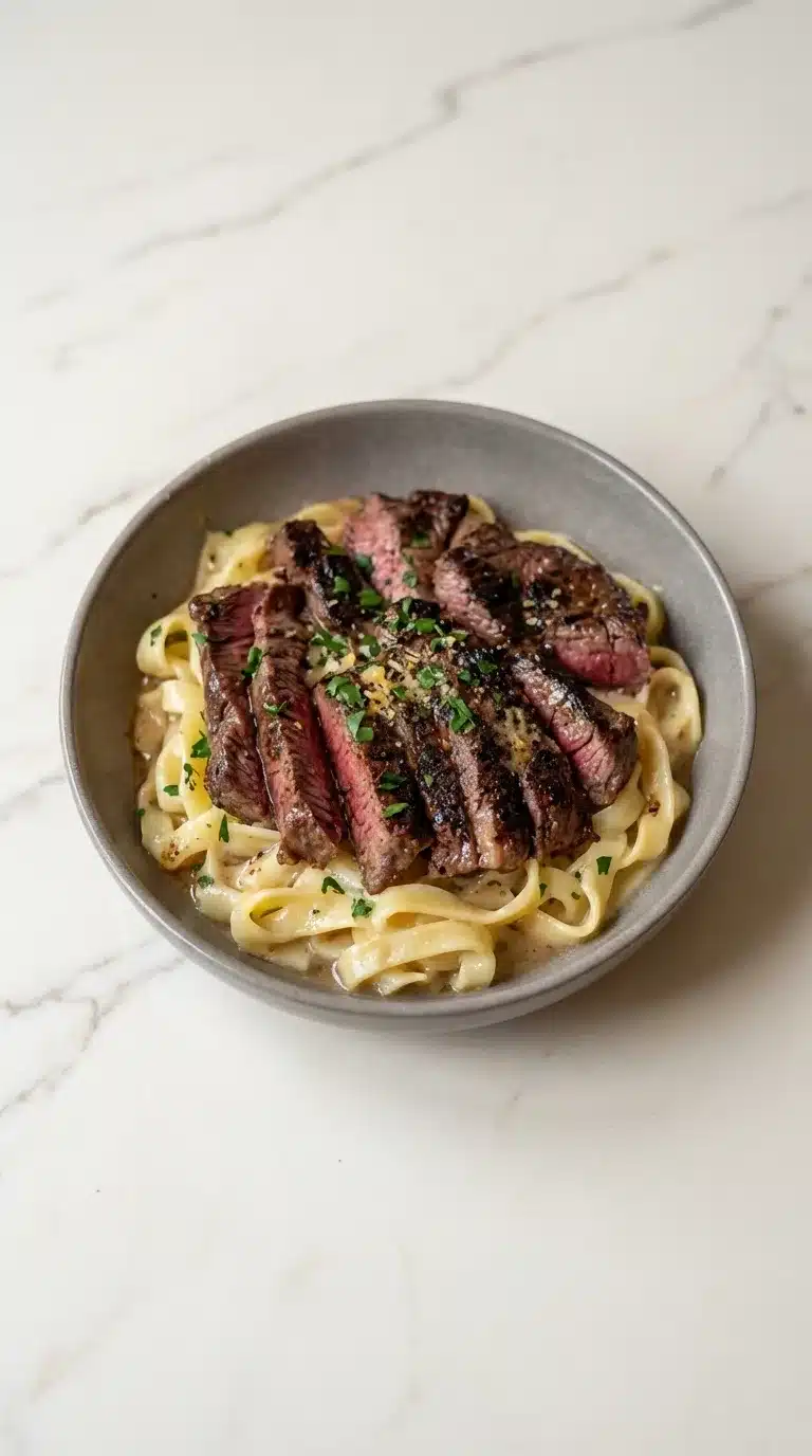 Steak Lightning Noodles Photorealistic Steak Lightning Noodles, freshly cooked, naturally plated on clean white marble. Ready to serve.
