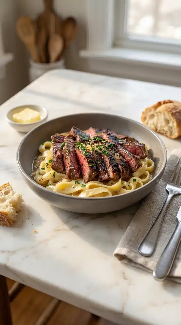Steak Lightning Noodles Steak Lightning Noodles, freshly prepared and served on white marble in a cozy home kitchen setting. 9x16 vertical shot.