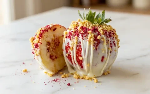 Photorealistic Strawberry Shortcake Candy Apples on white marble, naturally lit, 16x9 shot, ready to serve.