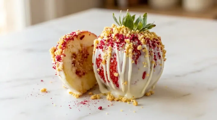 Photorealistic Strawberry Shortcake Candy Apples on white marble, naturally lit, 16x9 shot, ready to serve.