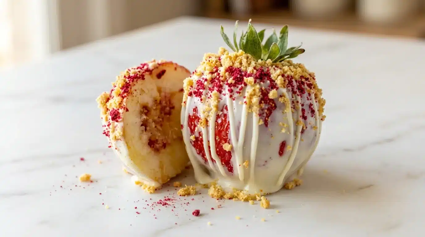 Photorealistic Strawberry Shortcake Candy Apples on white marble, naturally lit, 16x9 shot, ready to serve.
