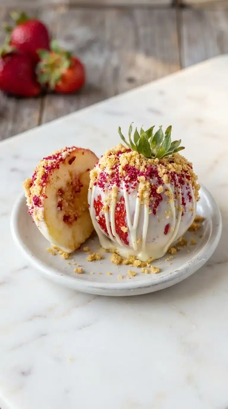 Photorealistic Strawberry Shortcake Candy Apples ready to serve on white marble, captured with natural light for a fresh look.