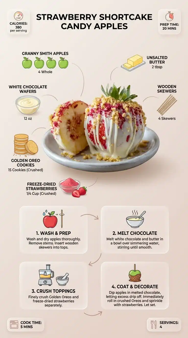 Infographic for Strawberry Shortcake Candy Apples recipe, showing ingredients, steps, and the finished dish plated beautifully.