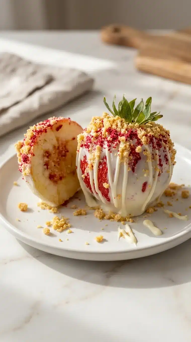 Strawberry Shortcake Candy Apples, photorealistic, served on white marble. Freshly baked, real everyday meal, unstaged home kitchen.