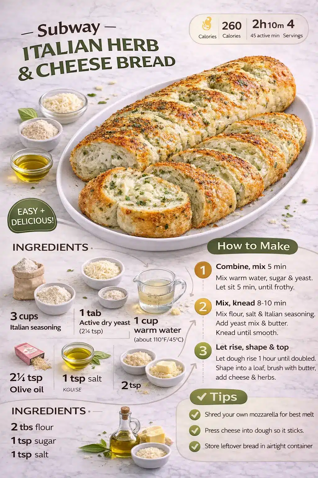 Recipe infographic showing Subway Italian Herb & Cheese Bread with ingredients, steps, and a sliced finished loaf