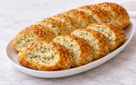 Sliced Subway Italian Herb & Cheese Bread with a golden cheese crust and soft interior on a white marble surface