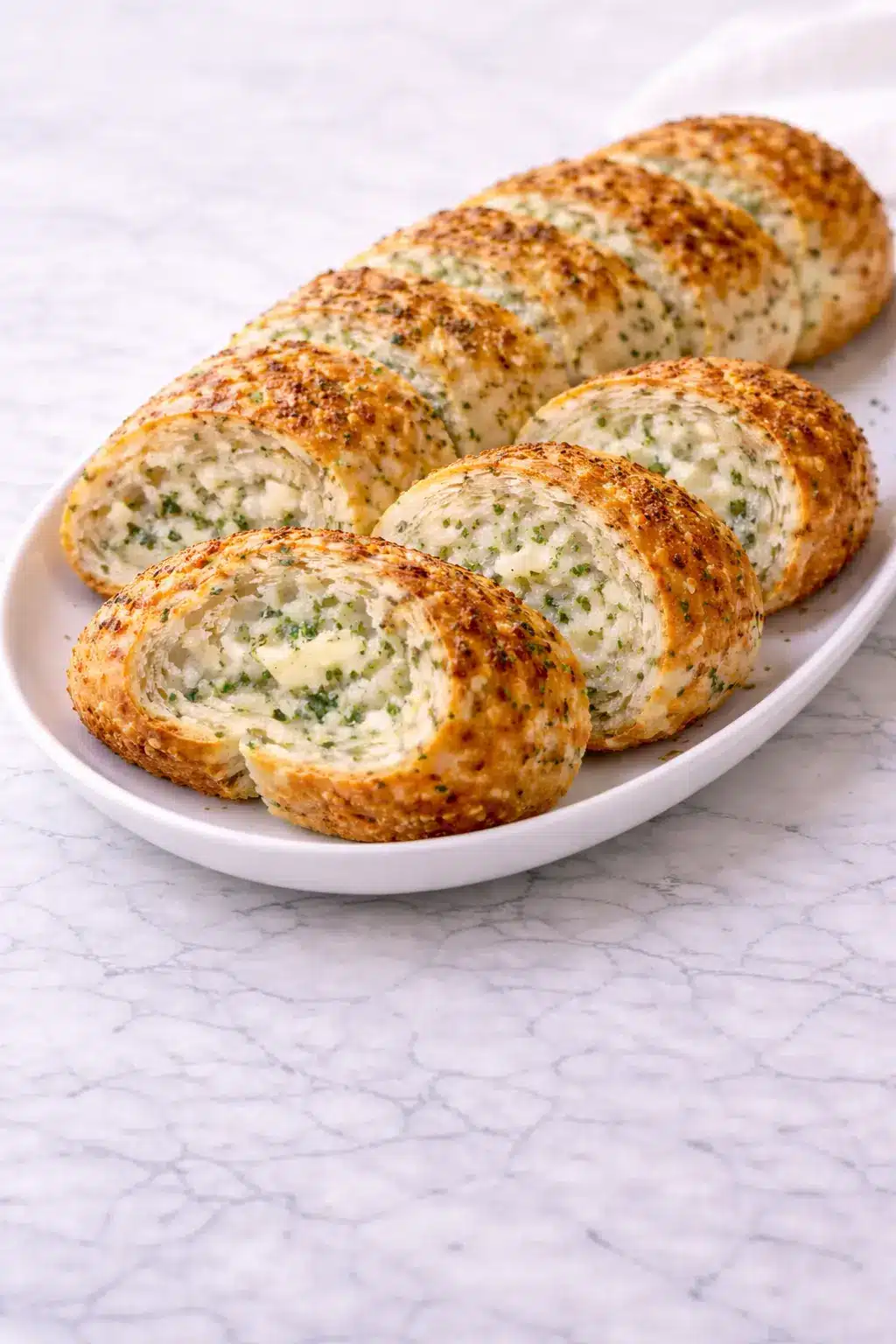 Vertical image of sliced Subway Italian Herb & Cheese Bread with a golden cheese crust and soft interior on marble