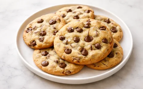 Photorealistic sugar-free chocolate chip cookies freshly baked on a white marble surface