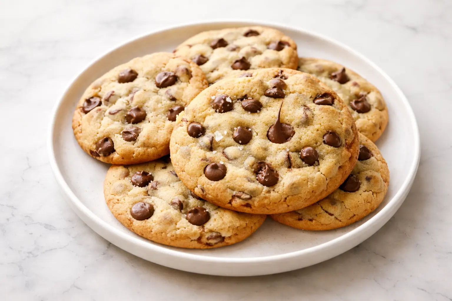 Photorealistic sugar-free chocolate chip cookies freshly baked on a white marble surface