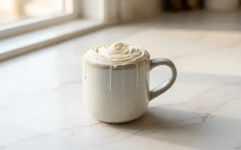 Photorealistic Summermoon Milk Recipe, naturally plated on white marble, ready to serve with natural daylight.