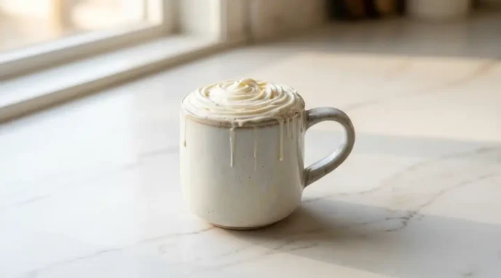 Photorealistic Summermoon Milk Recipe, naturally plated on white marble, ready to serve with natural daylight.