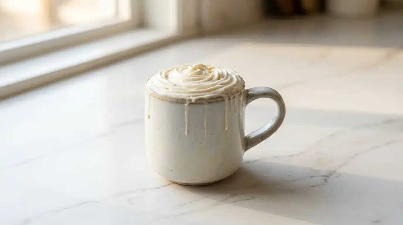 Photorealistic Summermoon Milk Recipe, naturally plated on white marble, ready to serve with natural daylight.