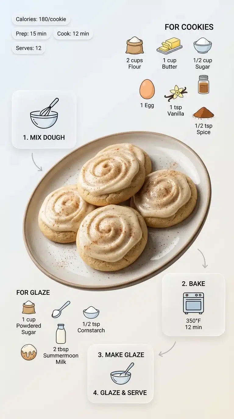 Summermoon Milk Recipe infographic showing finished cookies, ingredients with quantities, and step-by-step preparation in a modern 9x16 design.