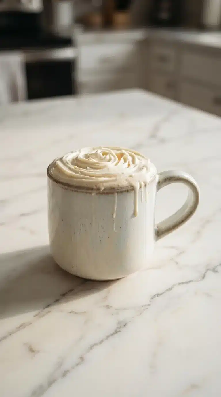 Photorealistic Summermoon Milk Recipe, ready to serve on white marble, natural daylight, home kitchen feel, 9x16 overhead shot.