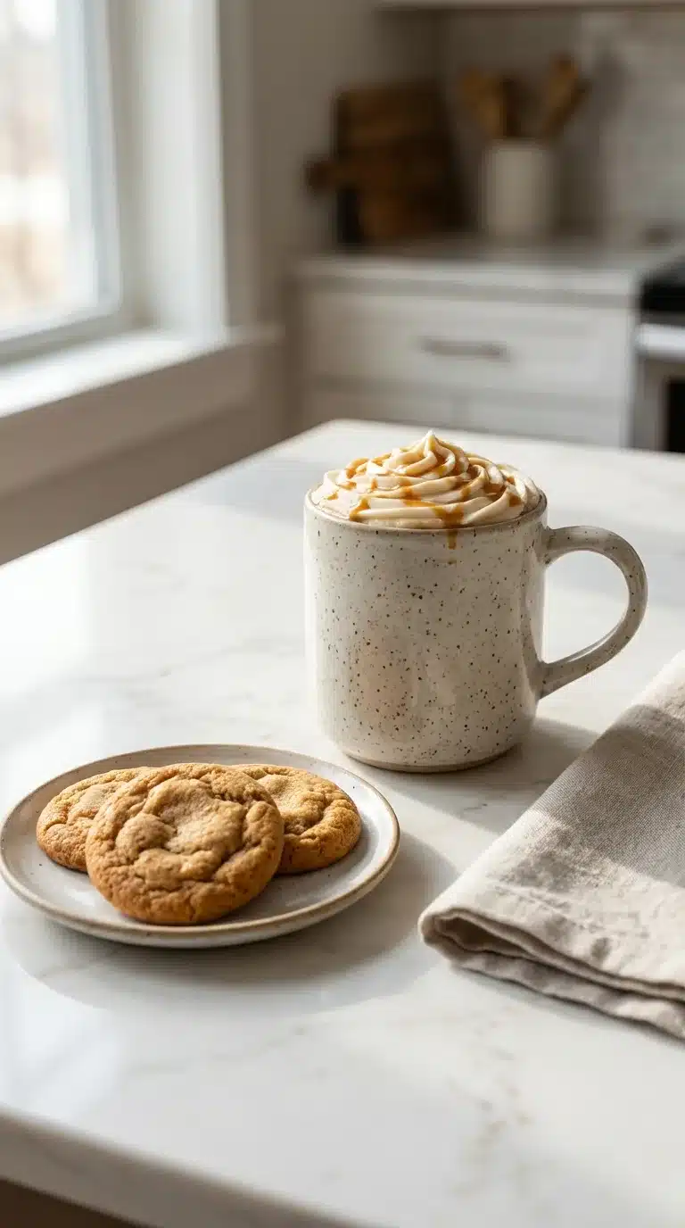 Photorealistic Summermoon Milk Recipe served in a cozy kitchen setting on white marble, with soft natural light.