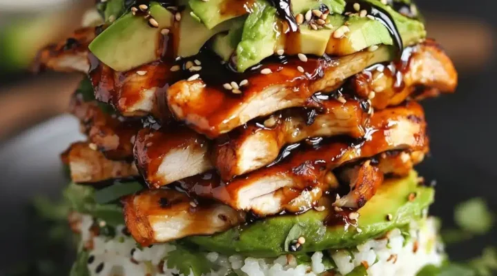 Teriyaki Chicken Avocado Rice Stack with vibrant ingredients