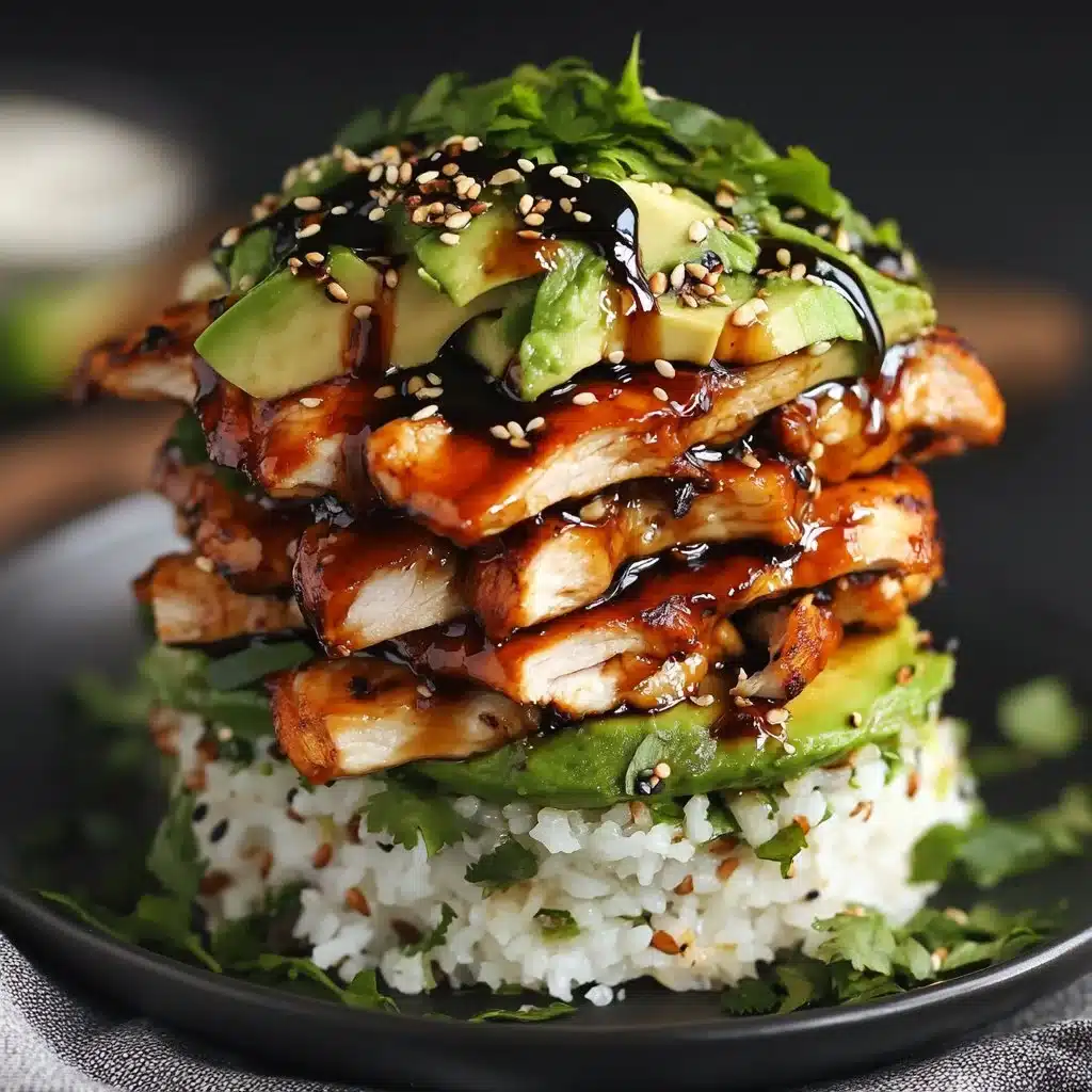 Teriyaki Chicken Avocado Rice Stack with vibrant ingredients