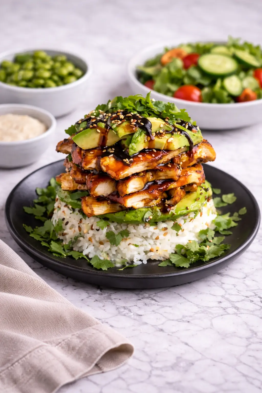 Teriyaki Chicken Avocado Rice Stack served with simple sides on a marble table, ready to eat