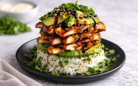 Teriyaki Chicken Avocado Rice Stack layered with sliced chicken, avocado, and rice on a plate