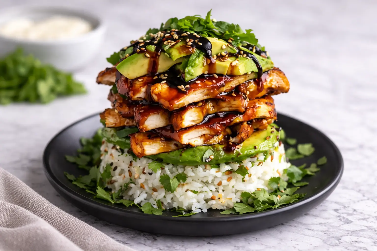 Teriyaki Chicken Avocado Rice Stack Teriyaki Chicken Avocado Rice Stack layered with sliced chicken, avocado, and rice on a plate