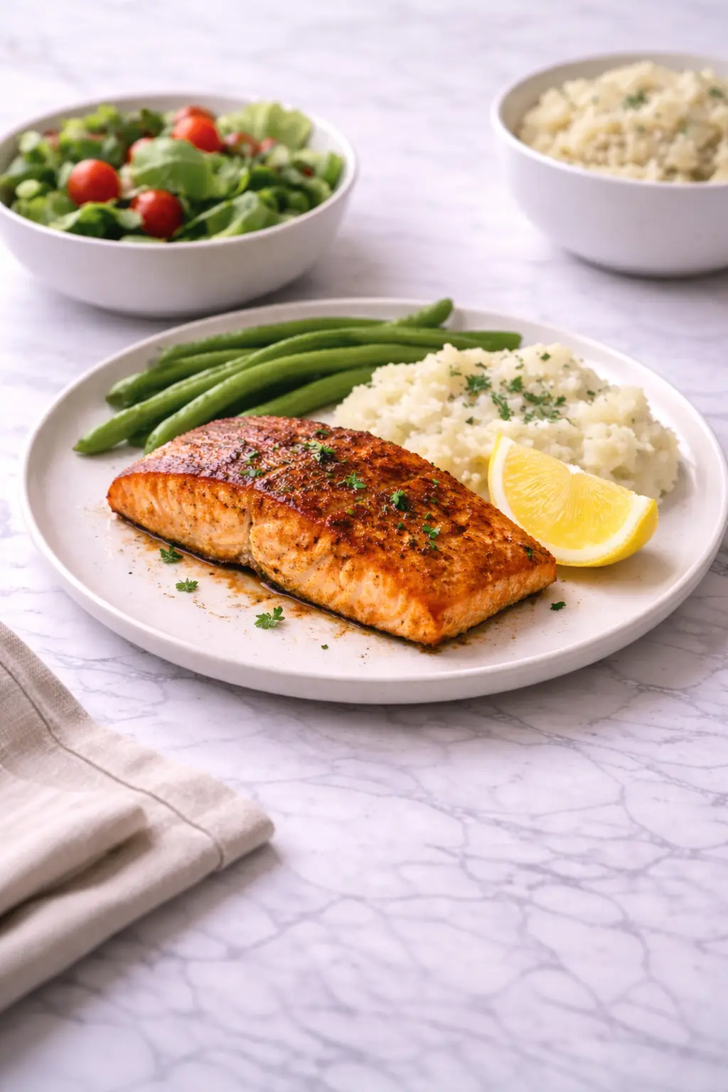texas-roadhouse-style-baked-salmon served with mashed potatoes, green beans, and salad on white marble background