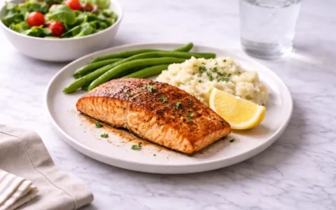 texas-roadhouse-style-baked-salmon plated with mashed potatoes and green beans on white marble surface