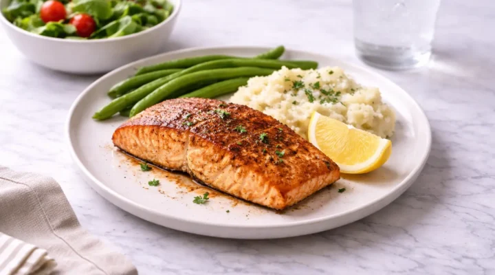 texas-roadhouse-style-baked-salmon plated with mashed potatoes and green beans on white marble surface