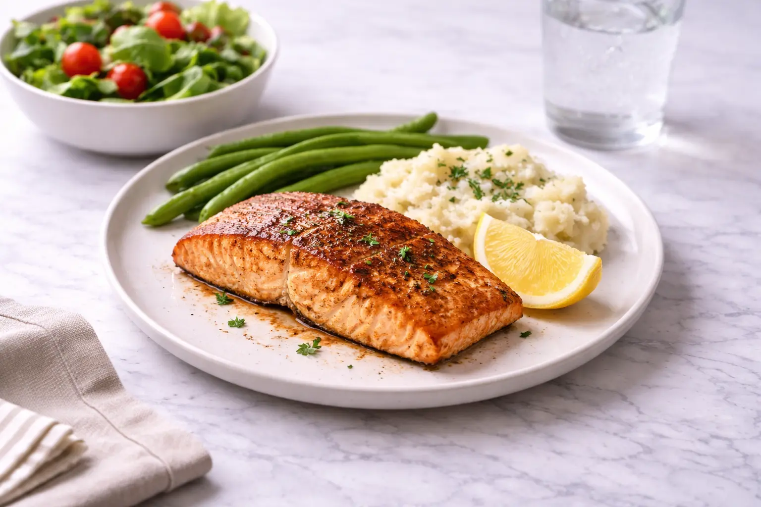 texas-roadhouse-style-baked-salmon plated with mashed potatoes and green beans on white marble surface