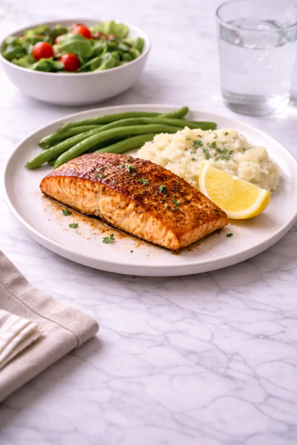 texas-roadhouse-style-baked-salmon served with mashed potatoes and green beans on white marble background vertical image