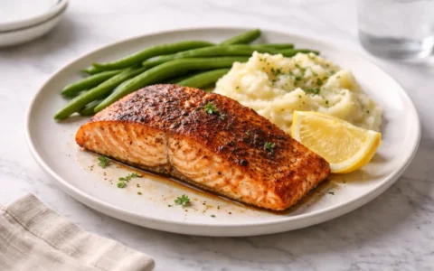 Texas Roadhouse-Style Salmon oven baked with smoky seasoning served with mashed potatoes and green beans on white marble surface