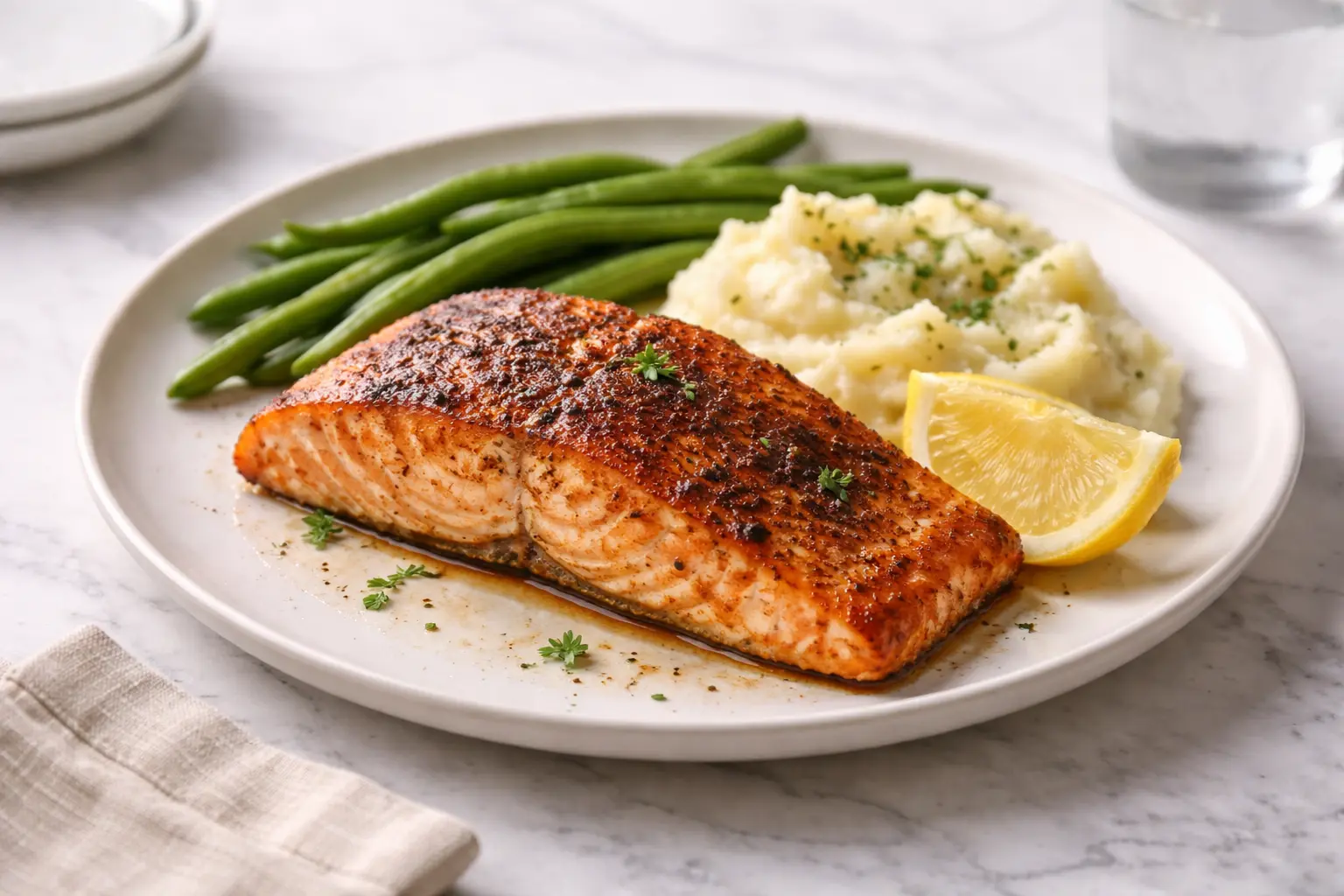 Texas Roadhouse-Style Salmon oven baked with smoky seasoning served with mashed potatoes and green beans on white marble surface