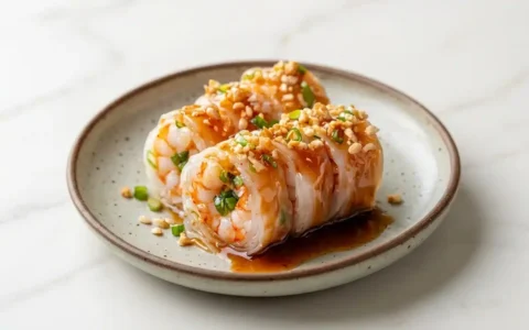 Thai Food Shrimp Roll With Noodles And Fried, photorealistic and naturally plated on white marble with natural daylight.