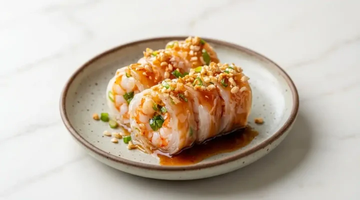 Thai Food Shrimp Roll With Noodles And Fried, photorealistic and naturally plated on white marble with natural daylight.
