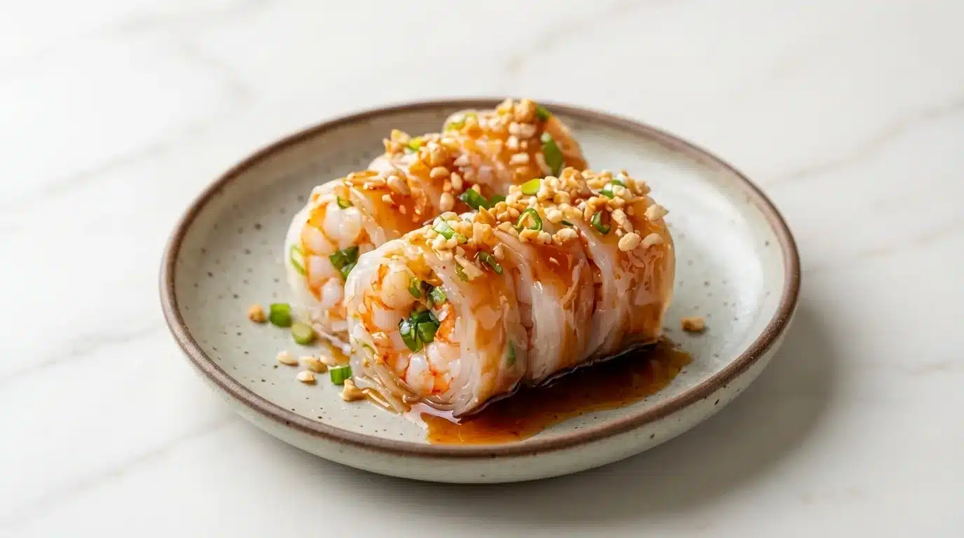Thai Food Shrimp Roll With Noodles And Fried, photorealistic and naturally plated on white marble with natural daylight.