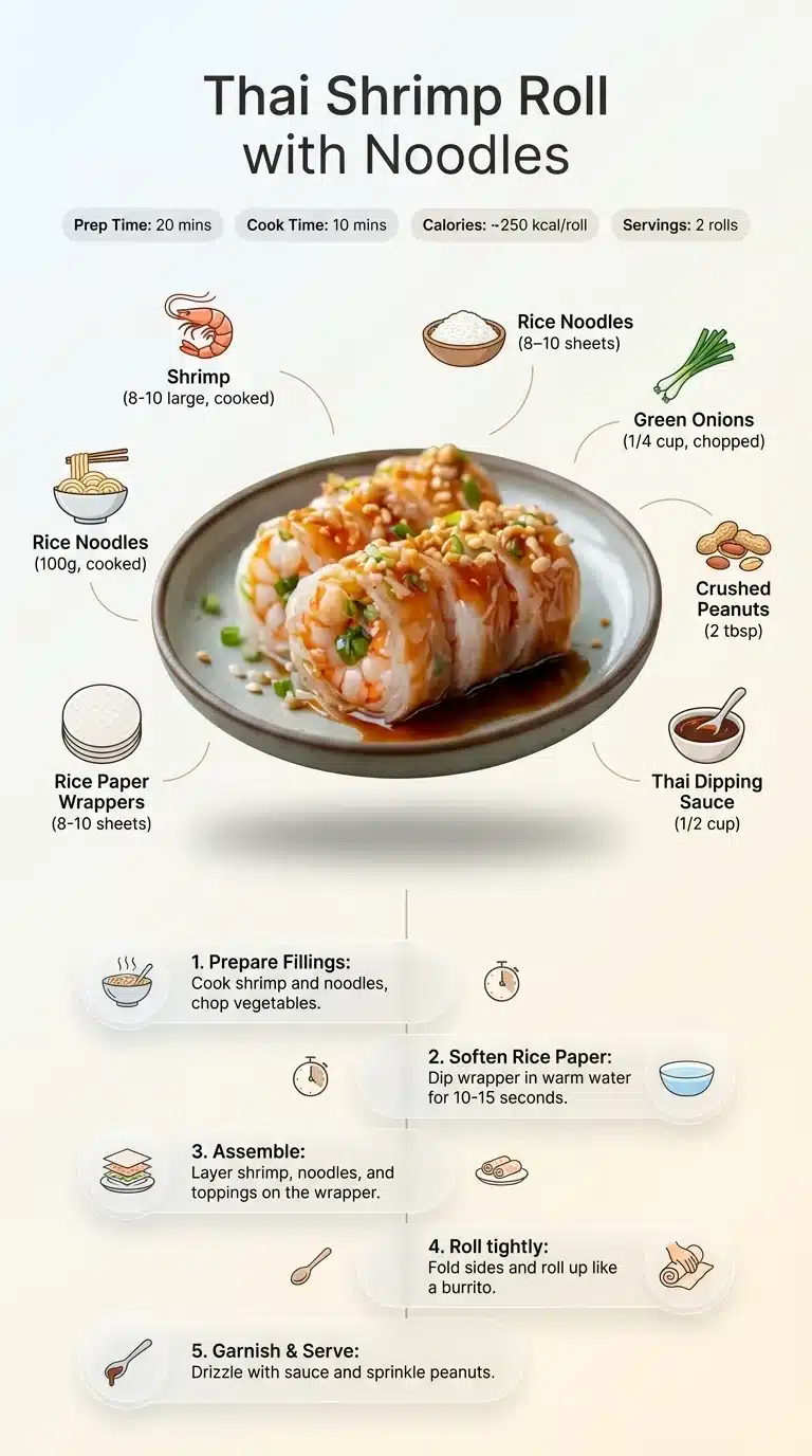 Thai Food Shrimp Roll With Noodles And Fried Infographic: Thai Food Shrimp Roll with Noodles and Fried recipe, showing plated dish, ingredients, and steps in a clean, modern design.
