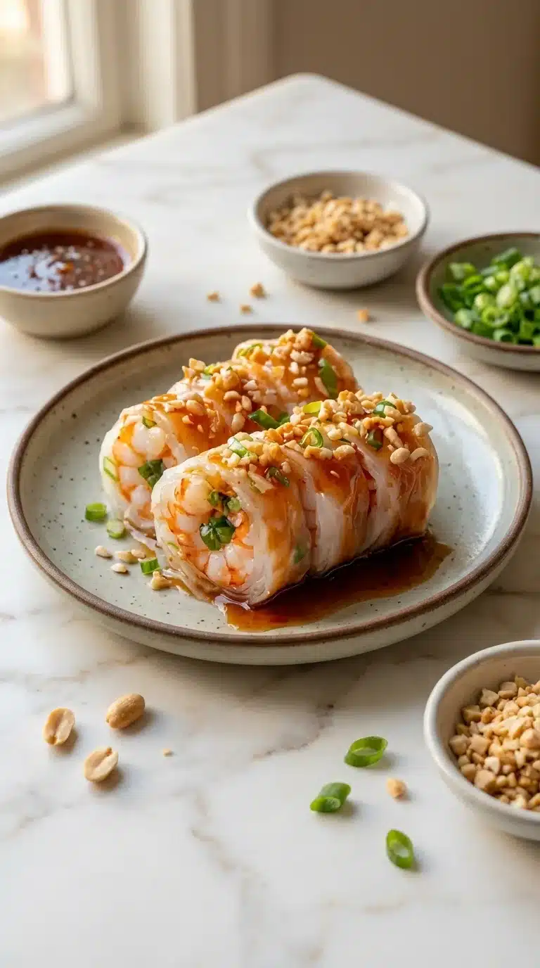 Thai Food Shrimp Roll With Noodles And Fried Photorealistic image of Thai food shrimp roll with noodles and fried, served in a natural home kitchen setting.