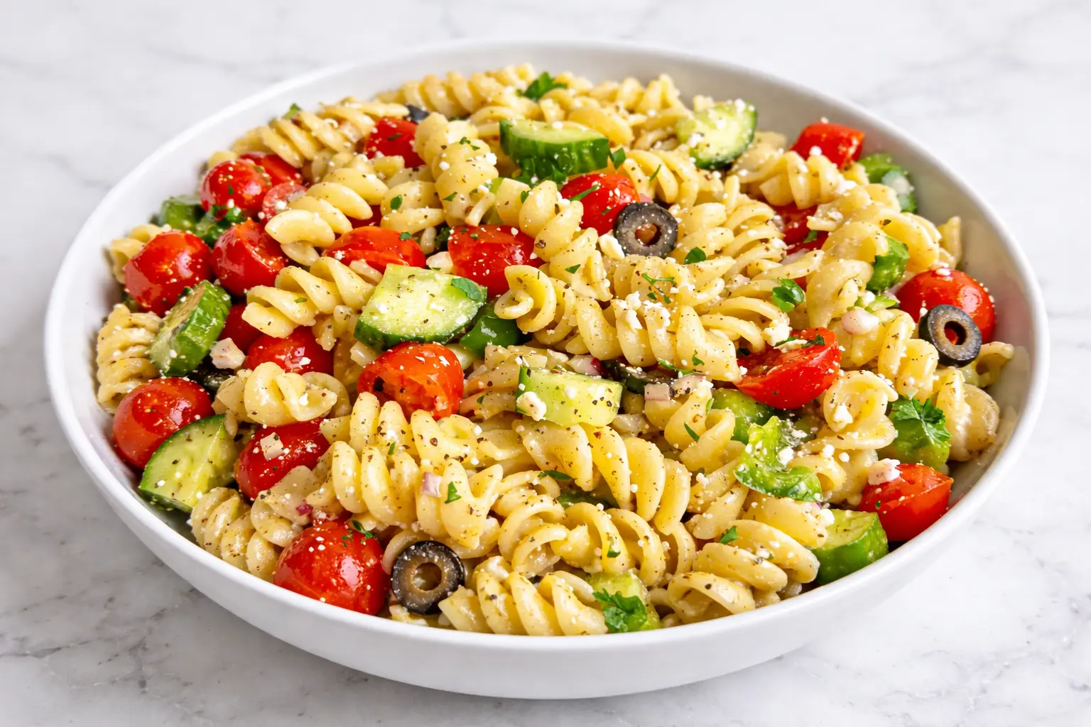 The Best Pasta Salad with Italian Dressing made with rotini pasta, cherry tomatoes, cucumber, olives, and feta cheese