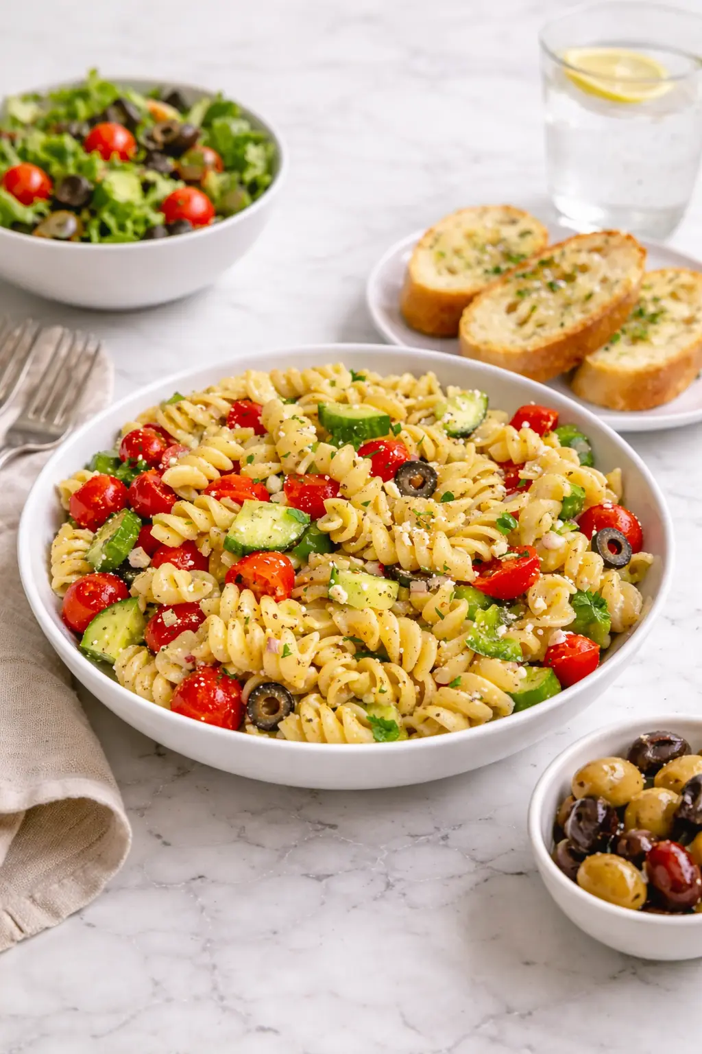 The best pasta salad with Italian dressing made with rotini pasta, cherry tomatoes, cucumbers, olives, and feta cheese