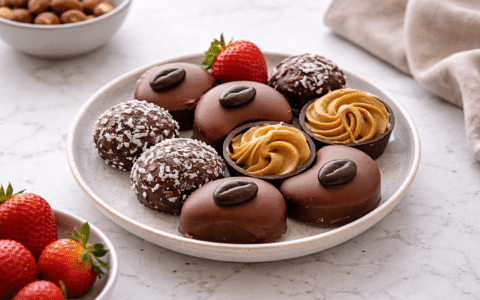 Truffle bites plated simply on a white marble surface, finished and ready to serve in a home kitchen.