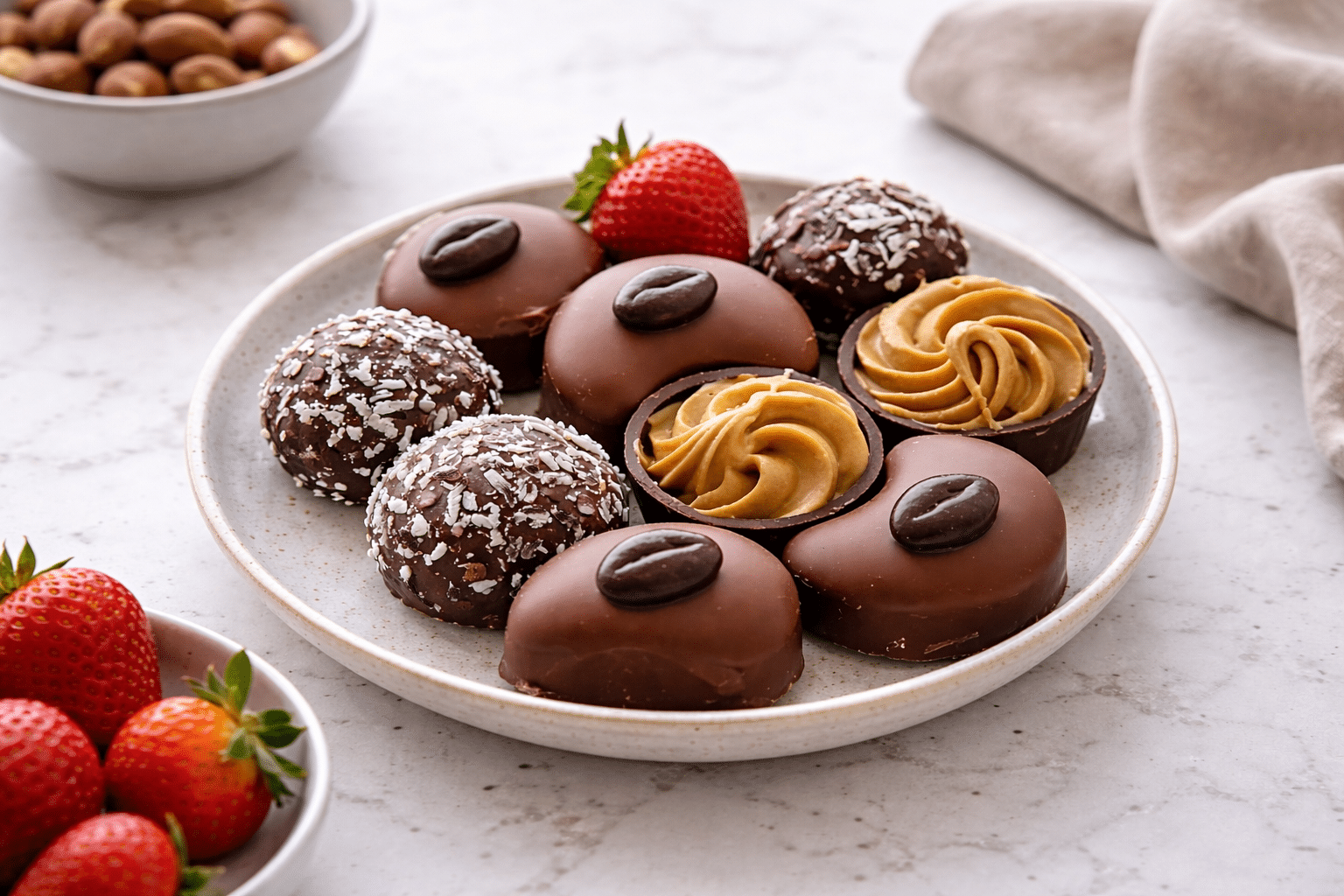 Truffle Bites Truffle bites plated simply on a white marble surface, finished and ready to serve in a home kitchen.
