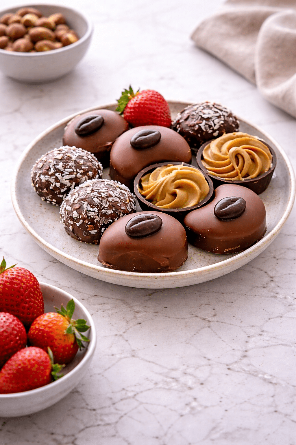 Truffle bites served as part of a real meal on a white marble surface, plated simply and ready to eat.