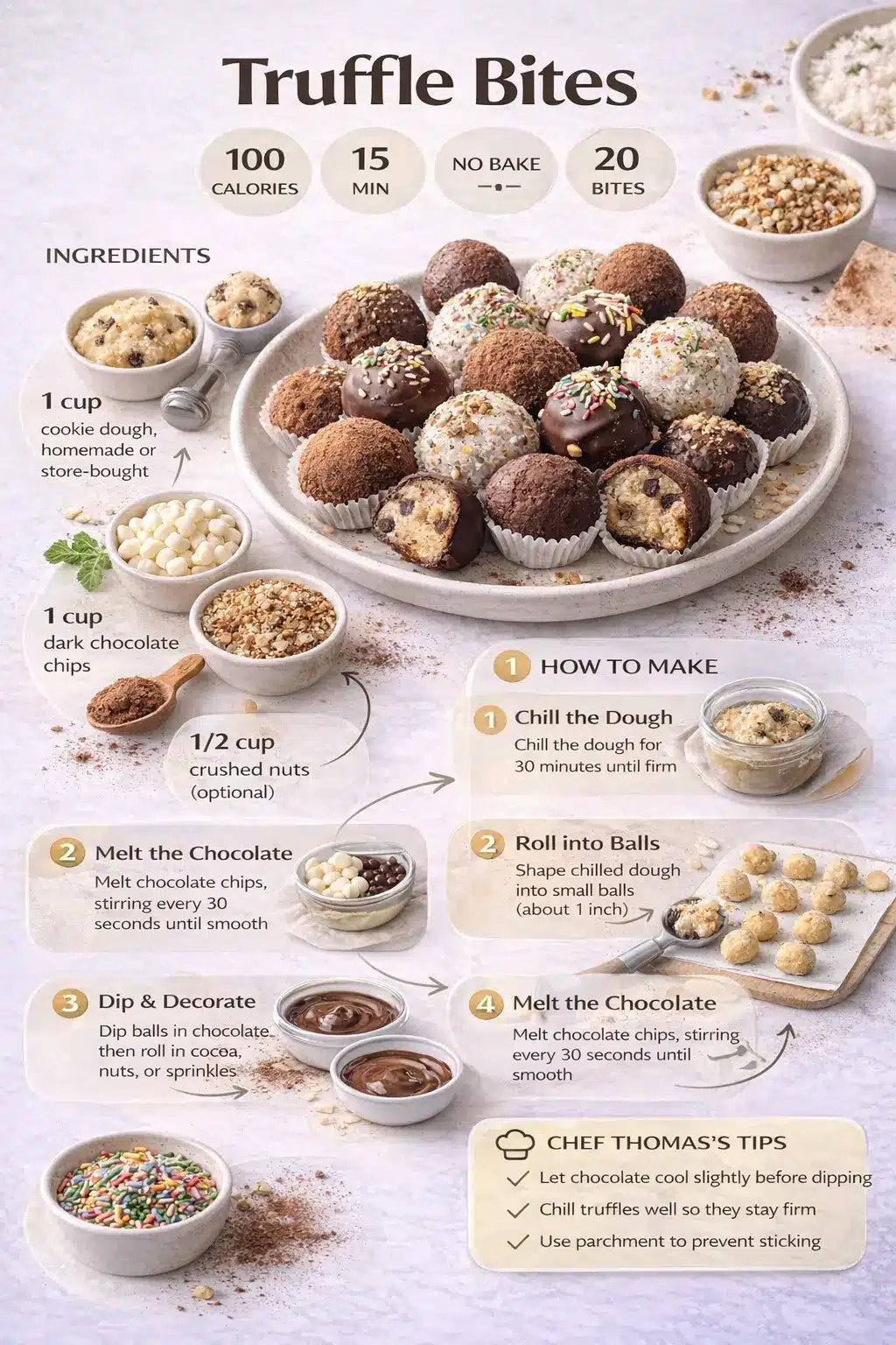 Truffle bites recipe infographic showing ingredients, no-bake steps, and finished chocolate truffles
