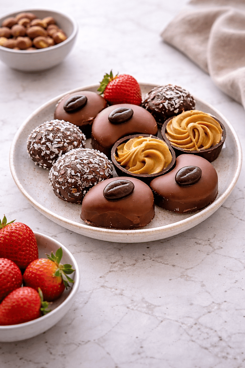 Truffle bites plated simply on a white marble surface in a vertical 9:16 format, finished and ready to serve at home.