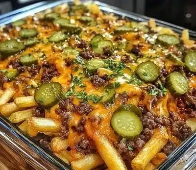 Delicious cheeseburger casserole topped with crispy French fries in a baking dish.