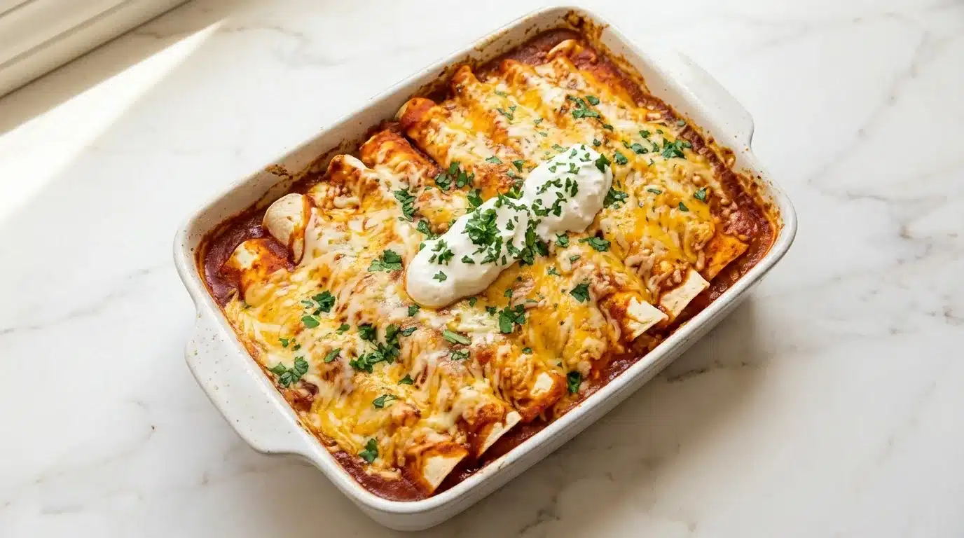 Ultimate Quick & Easy Chicken Enchiladas, photorealistic food photography, naturally plated on white marble, ready to serve.
