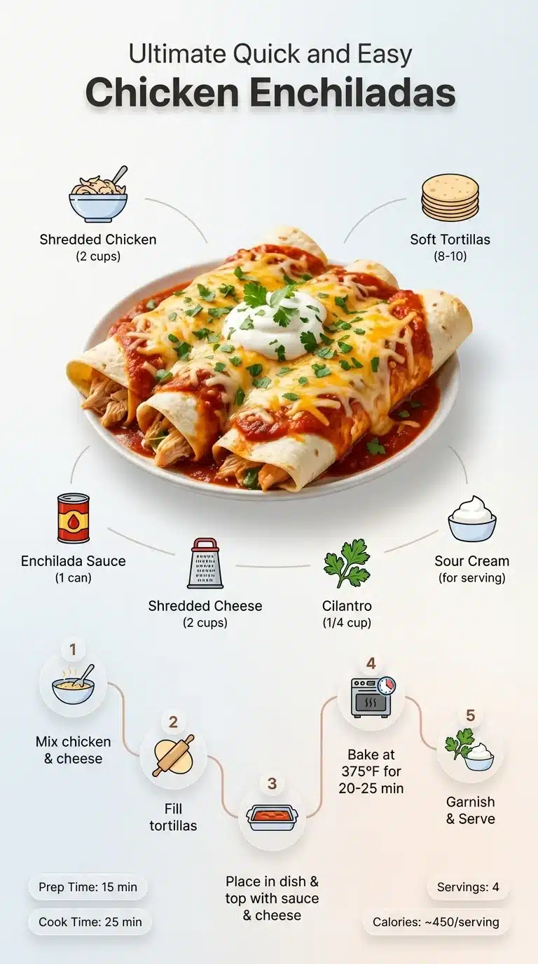 Ultimate Quick and Easy Chicken Enchiladas Modern infographic for Ultimate Quick and Easy Chicken Enchiladas recipe, showing plated dish, ingredients, and step-by-step preparation.