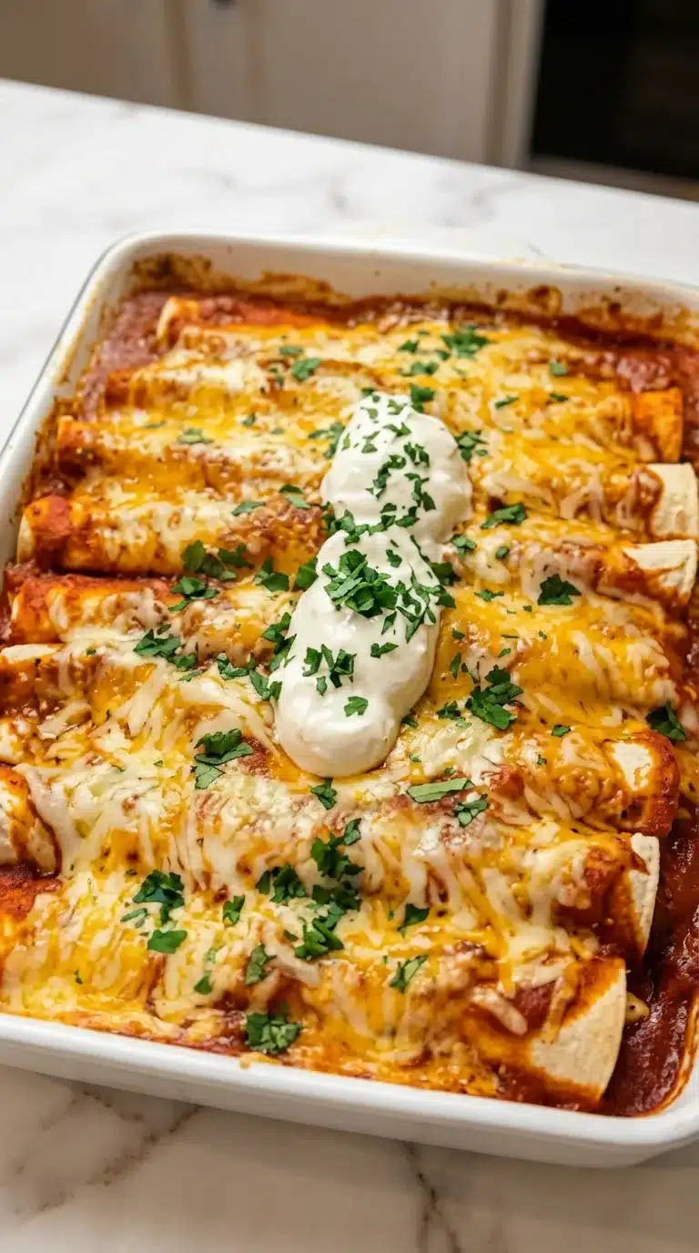 Ultimate Quick and Easy Chicken Enchiladas Photorealistic Ultimate Quick and Easy Chicken Enchiladas, freshly cooked, ready to serve on white marble, natural daylight.